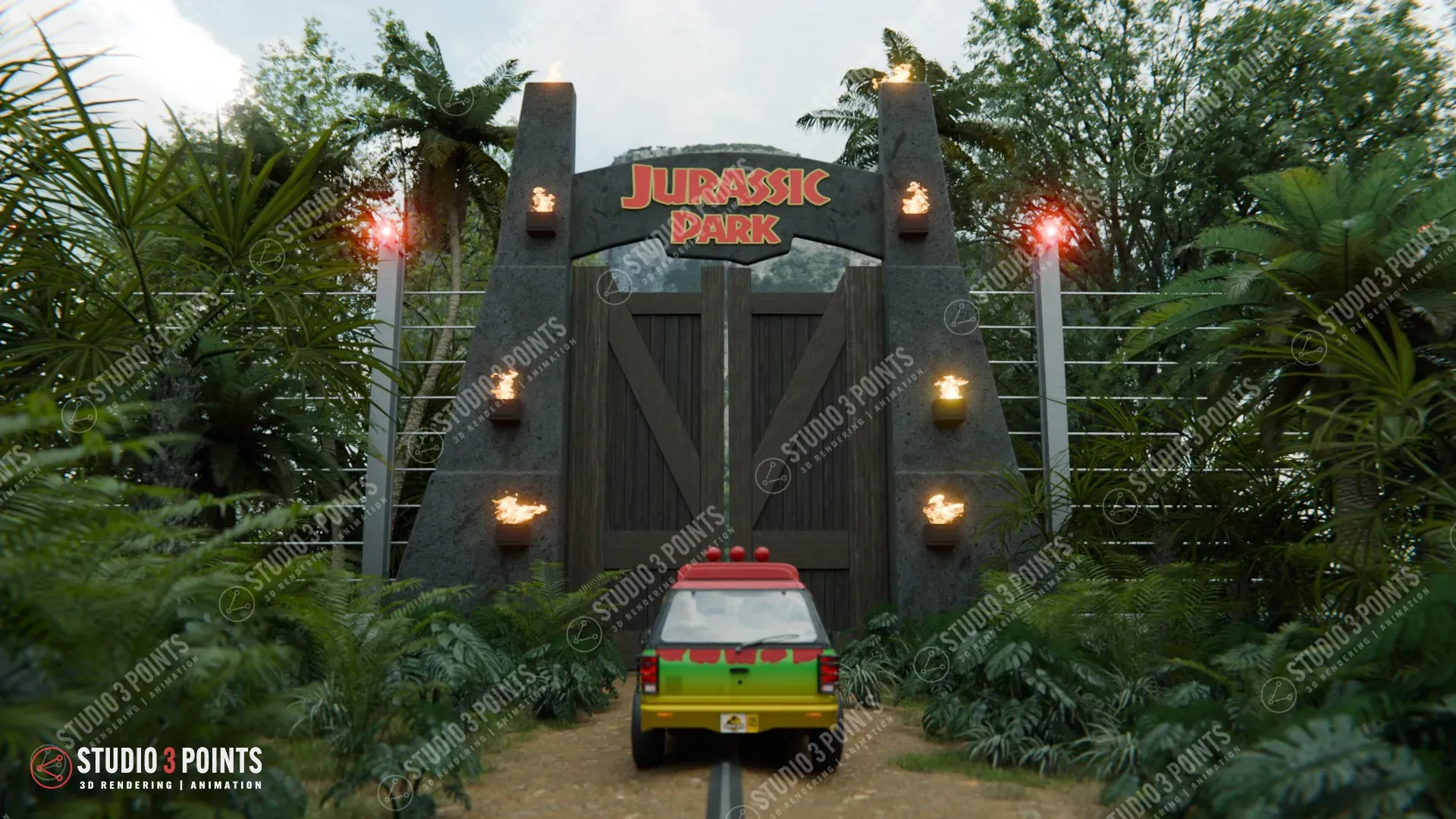 Jurassic_park_cover Scène 3D réaliste d’une grande porte en bois dans la jungle avec véhicule en approche