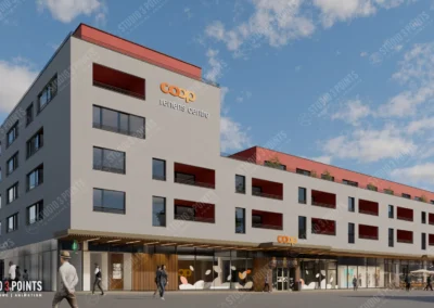 Rendu 3D d’un bâtiment moderne avec commerces au rez-de-chaussée et appartements aux étages, sous un ciel bleu.