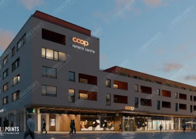 Rendu 3D d’un immeuble moderne au crépuscule, avec commerces au rez-de-chaussée et logements lumineux aux étages.