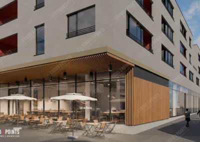 Terrasse de café et façade vitrée d’un immeuble moderne en rendu 3D, avec mobilier extérieur et éléments boisés.