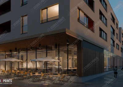 Terrasse de café et façade vitrée d’un immeuble moderne au crépuscule, en rendu 3D réaliste.