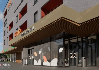 Façade commerciale moderne en rendu 3D, avec entrée vitrée et enseigne Coop renens centre.