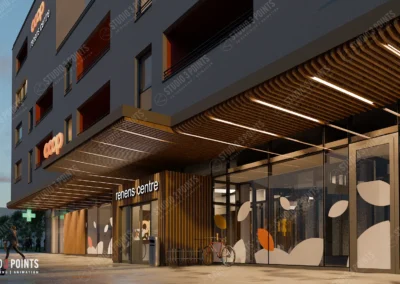visualisation 3D d’une entrée de bâtiment commercial au crépuscule avec éclairages modernes