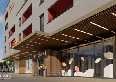 rendu 3D de l’entrée d’un bâtiment commercial moderne avec façade vitrée
