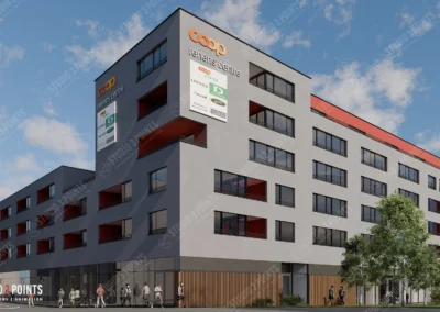 visualisation 3D d’un bâtiment moderne avec surfaces commerciales au rez-de-chaussée
