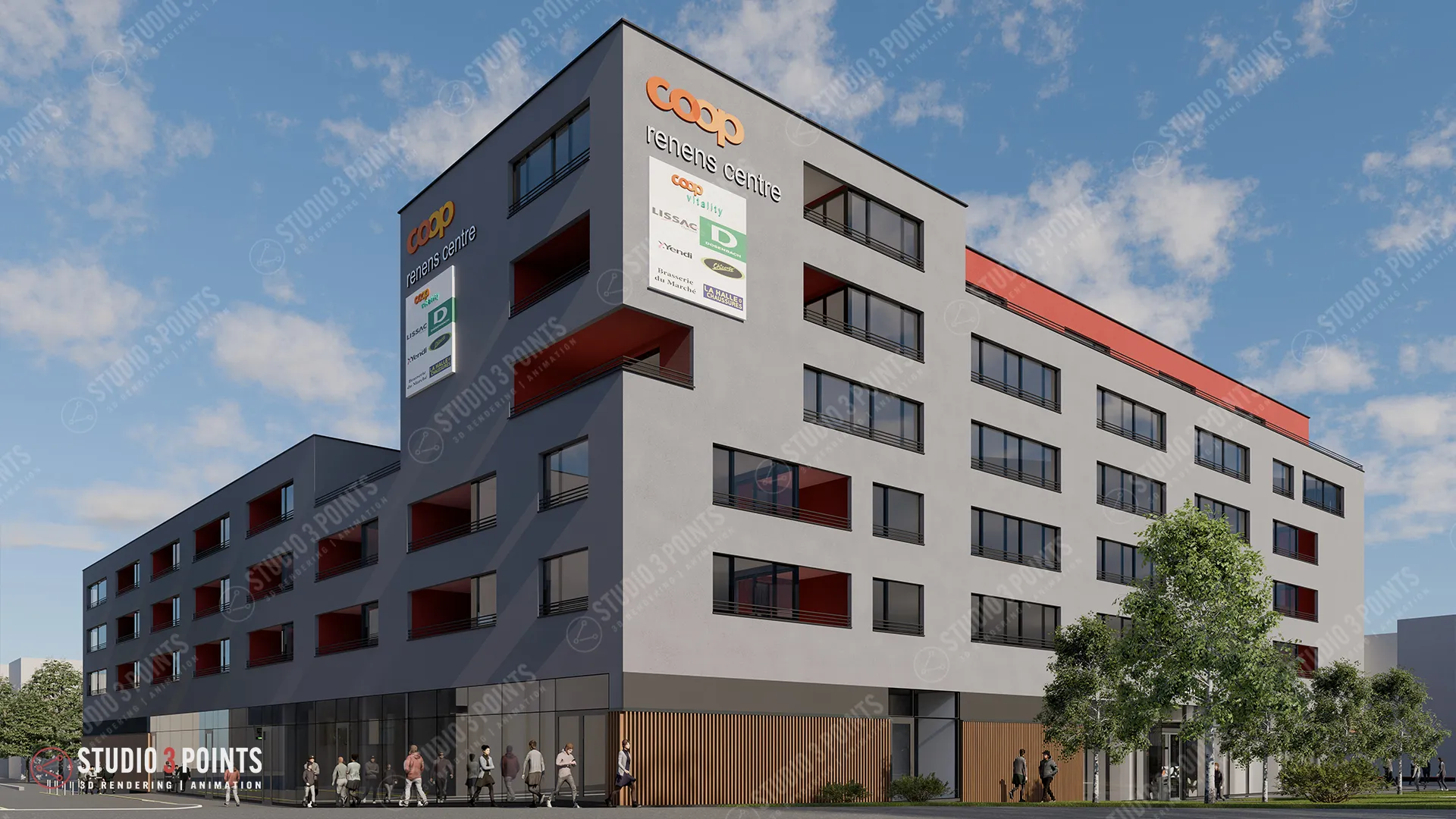 arcopro_ren_2024_8 visualisation 3D d’un bâtiment moderne avec surfaces commerciales au rez-de-chaussée