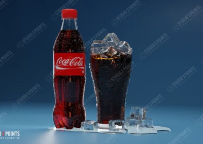 rendu 3D réaliste d’une bouteille de boisson gazeuse avec un verre rempli de glaçons
