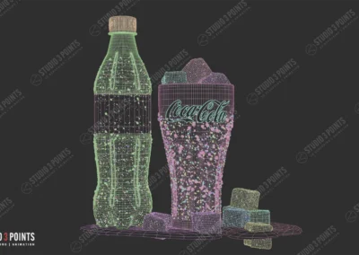 vue wireframe 3D d’une bouteille de boisson et d’un verre avec glaçons