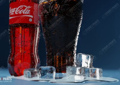 gros plan 3D d’une boisson gazeuse avec glaçons fondus au premier plan