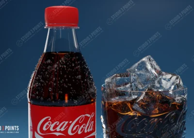 gros plan 3D photoréaliste d’une bouteille de boisson gazeuse et d’un verre rempli de glaçons