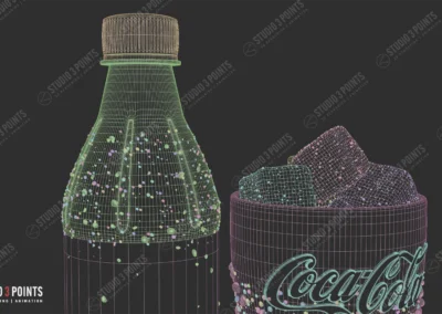 vue technique en wireframe 3D d’une bouteille et d’un verre remplis de glaçons