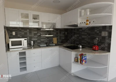 Rendu 3D réaliste d’une cuisine moderne blanche avec étagères courbes – Studio 3 Points