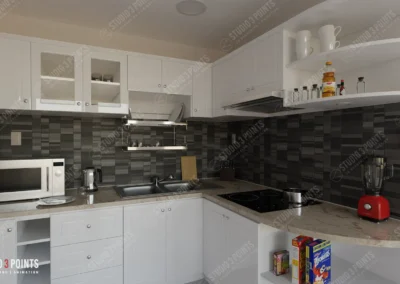 Rendu 3D réaliste d’une cuisine moderne blanche avec crédence en carrelage gris – Studio 3 Points
