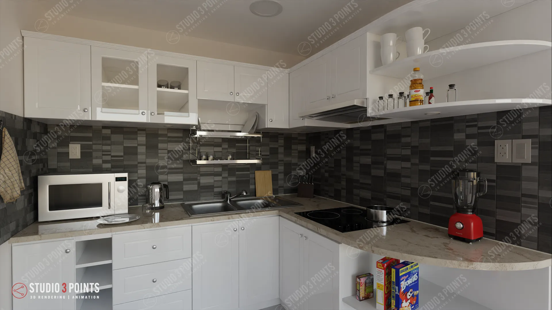 riverside_appartment_7 Rendu 3D réaliste d’une cuisine moderne blanche avec crédence en carrelage gris – Studio 3 Points