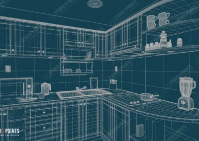 Wireframe 3D d’une cuisine modélisée – Studio 3 Points