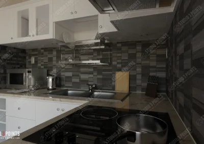 Cuisine moderne rendue en 3D avec crédence en carrelage gris et électroménager réaliste – Studio 3 Points