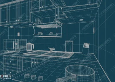 Wireframe 3D d’une cuisine moderne montrant meubles, évier, plan de travail et accessoires modélisés en filaire.