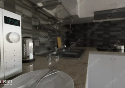 Rendu 3D réaliste d’une cuisine moderne avec comptoir, micro-ondes, évier en inox et ustensiles posés au premier plan.