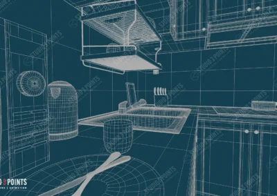 Wireframe 3D d’une cuisine modélisée, montrant l’évier, le plan de travail, les ustensiles et les meubles en vue filaire.
