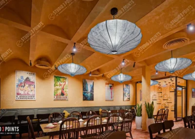 Intérieur de restaurant chaleureux avec grandes suspensions lumineuses bleues, affiches vintage et tables dressées.