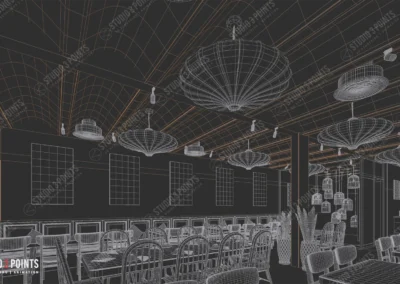 Wireframe 3D d’un intérieur de restaurant montrant tables, chaises, luminaires et plafond modélisés en filaire.