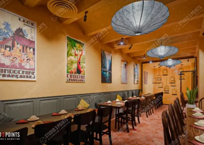 Intérieur de restaurant chaleureux avec tables dressées, grandes suspensions bleues et affiches vintage au mur.