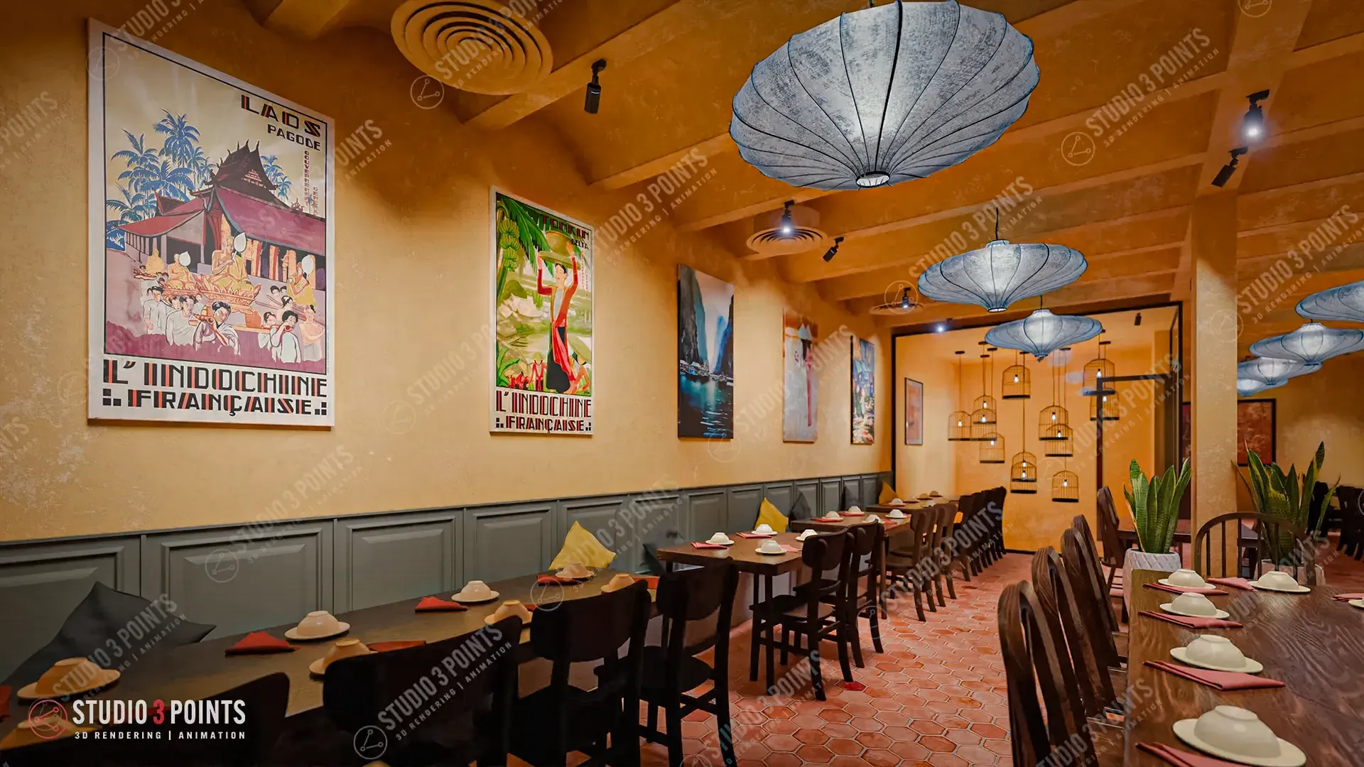 quan_bui_restaurant_3 Intérieur de restaurant chaleureux avec tables dressées, grandes suspensions bleues et affiches vintage au mur.