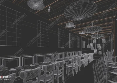 Wireframe 3D d’un intérieur de restaurant montrant tables, chaises, luminaires et décorations modélisés en filaire.