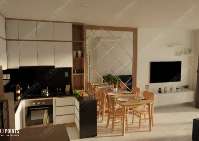 Espace de vie moderne comprenant une cuisine ouverte, une salle à manger en bois clair, un grand miroir mural décoratif et un salon avec télévision fixée au mur.