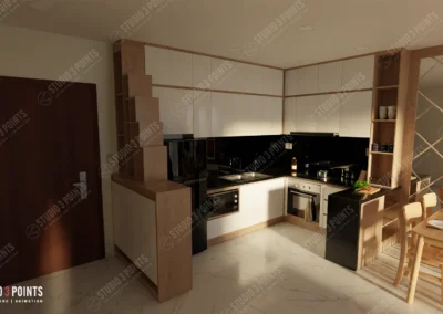 Cuisine moderne en angle avec meubles blancs et bois clair, crédence noire brillante, table à manger adjacente et entrée visible sur la gauche.