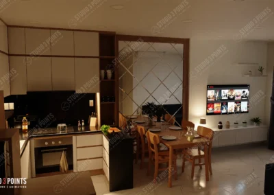 Espace de vie moderne en soirée comprenant une cuisine ouverte, une salle à manger en bois clair, un grand miroir mural décoratif et un écran TV affichant une plateforme de streaming.