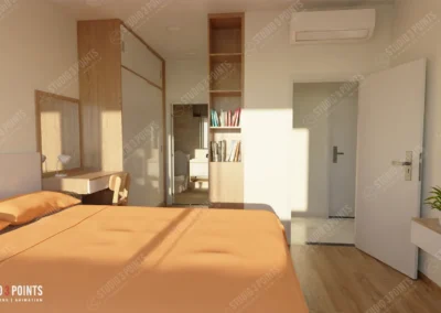 Chambre moderne et lumineuse avec un lit double, un coin bureau, des rangements intégrés et une porte ouverte menant à une autre pièce.