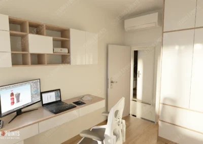 Bureau moderne et lumineux avec un espace de travail équipé d’un écran, d’un ordinateur portable, de rangements muraux et d’un fauteuil ergonomique.