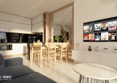 Salon moderne avec cuisine ouverte, table à manger en bois clair, grand écran mural affichant une plateforme de streaming, et décoration minimaliste.