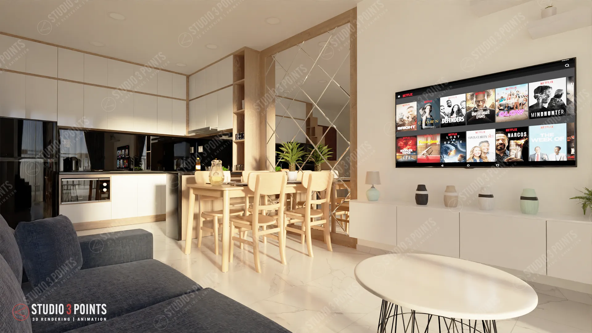 riverside_appartment_7 Salon moderne avec cuisine ouverte, table à manger en bois clair, grand écran mural affichant une plateforme de streaming, et décoration minimaliste.
