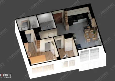 Plan 3D d’un appartement montrant une cuisine ouverte, une salle à manger, un salon, une chambre, une salle de bain et un couloir, présenté sous forme de vue isométrique.