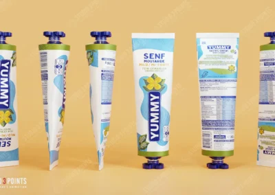 Tubes de moutarde Yummy en rendu 3D, alignés et présentés sous plusieurs angles sur fond beige.