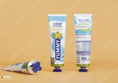 Tubes de moutarde Yummy en rendu 3D réaliste, présentés debout et couchés sur fond beige.