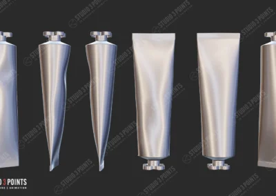 Rendu 3D de tubes métalliques souples vus sous différents angles sur fond sombre.