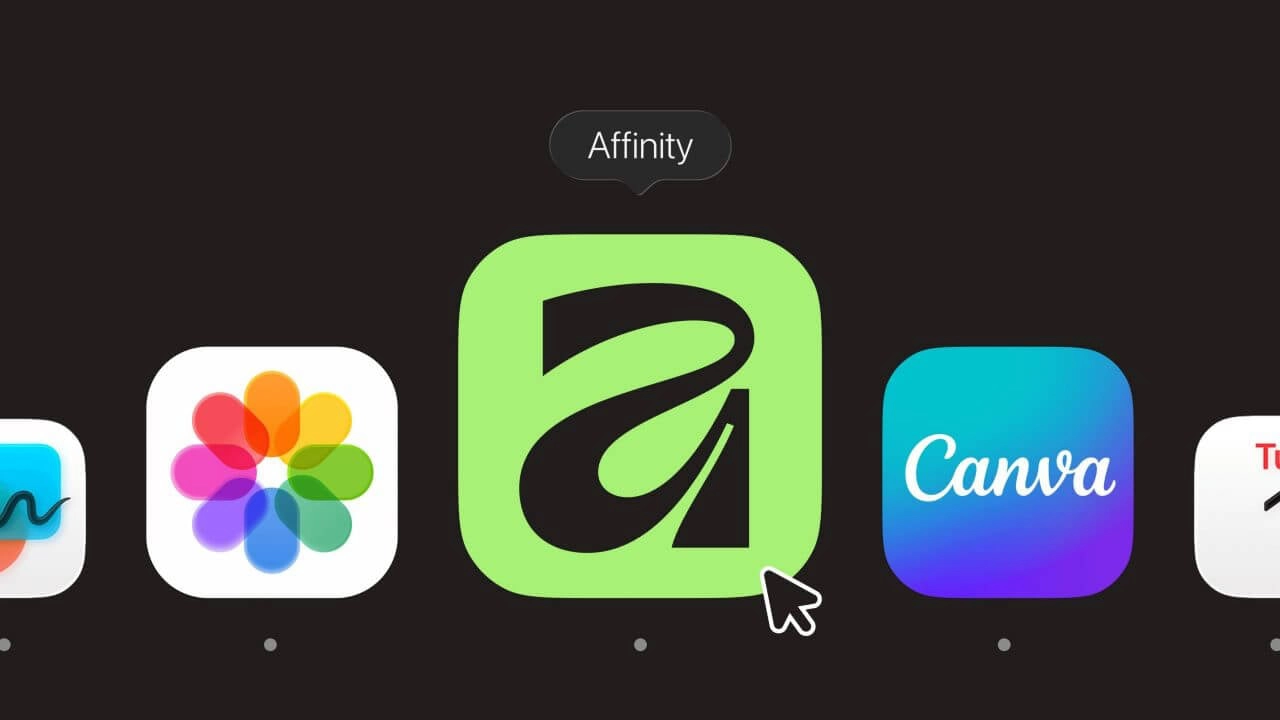 Icônes d’Affinity, Apple Photos et Canva dans une interface d’applications créatives.