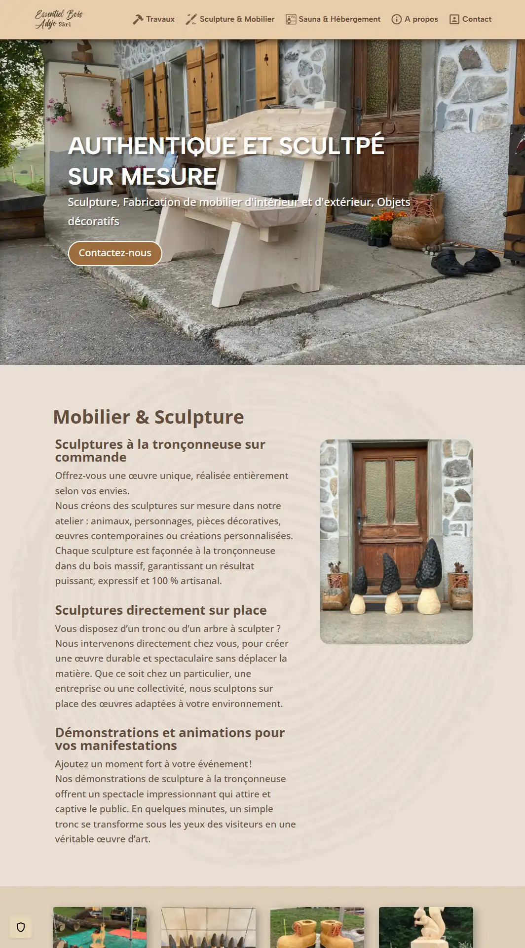 Site WordPress pour Essentiel Bois Adejo Sàrl – Sculpture & Mobilier en Bois | Studio 3 Points Capture d’écran du site WordPress réalisé par Studio 3 Points pour Essentiel Bois Adejo Sàrl, présentant la page dédiée aux sculptures sur mesure, au mobilier en bois et aux prestations artisanales.