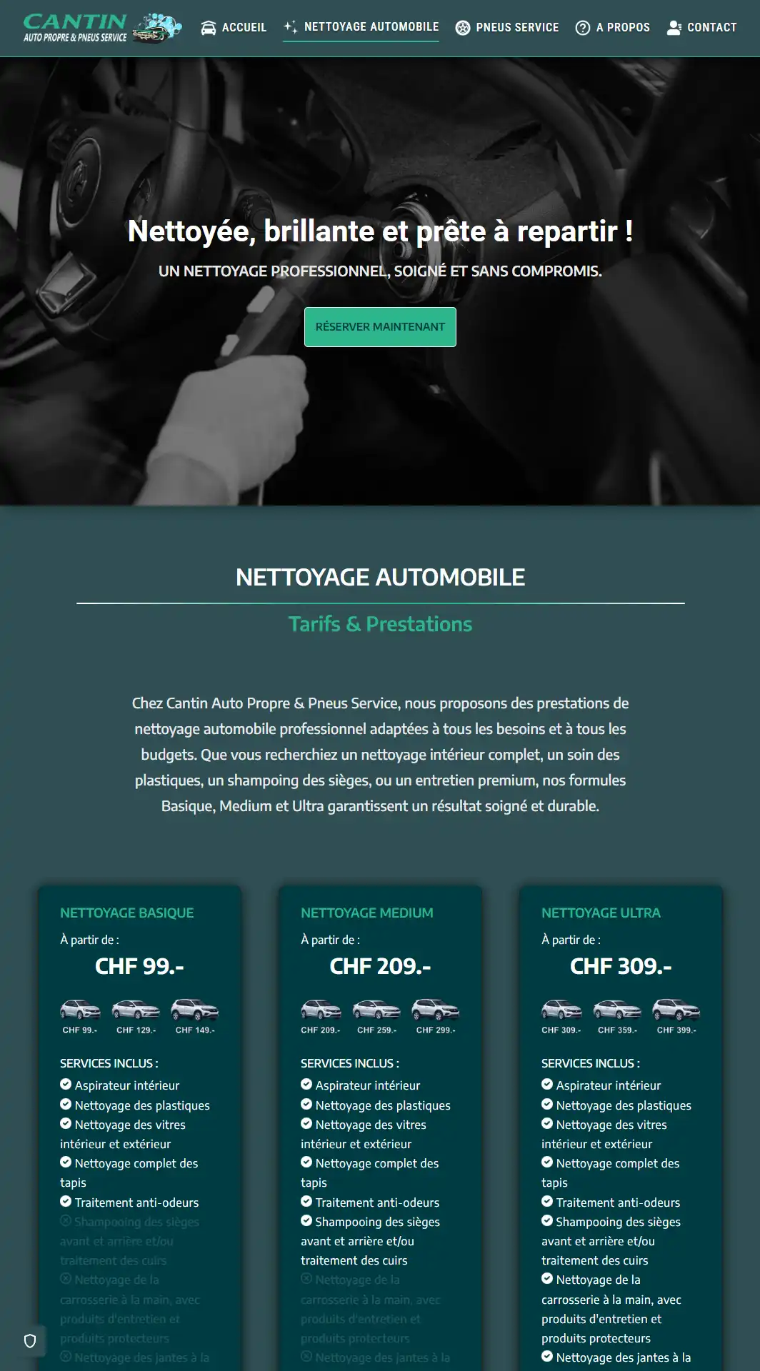 Capture d’écran du site WordPress réalisé par Studio 3 Points pour Cantin Auto Propre & Pneus Service, présentant la page de nettoyage automobile avec tarifs et prestations. Capture d’écran du site WordPress réalisé par Studio 3 Points pour Cantin Auto Propre & Pneus Service, présentant la page de nettoyage automobile avec tarifs et prestations.