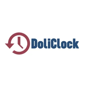 Logo du module DoliClock avec une horloge stylisée rouge et le nom DoliClock en bleu.