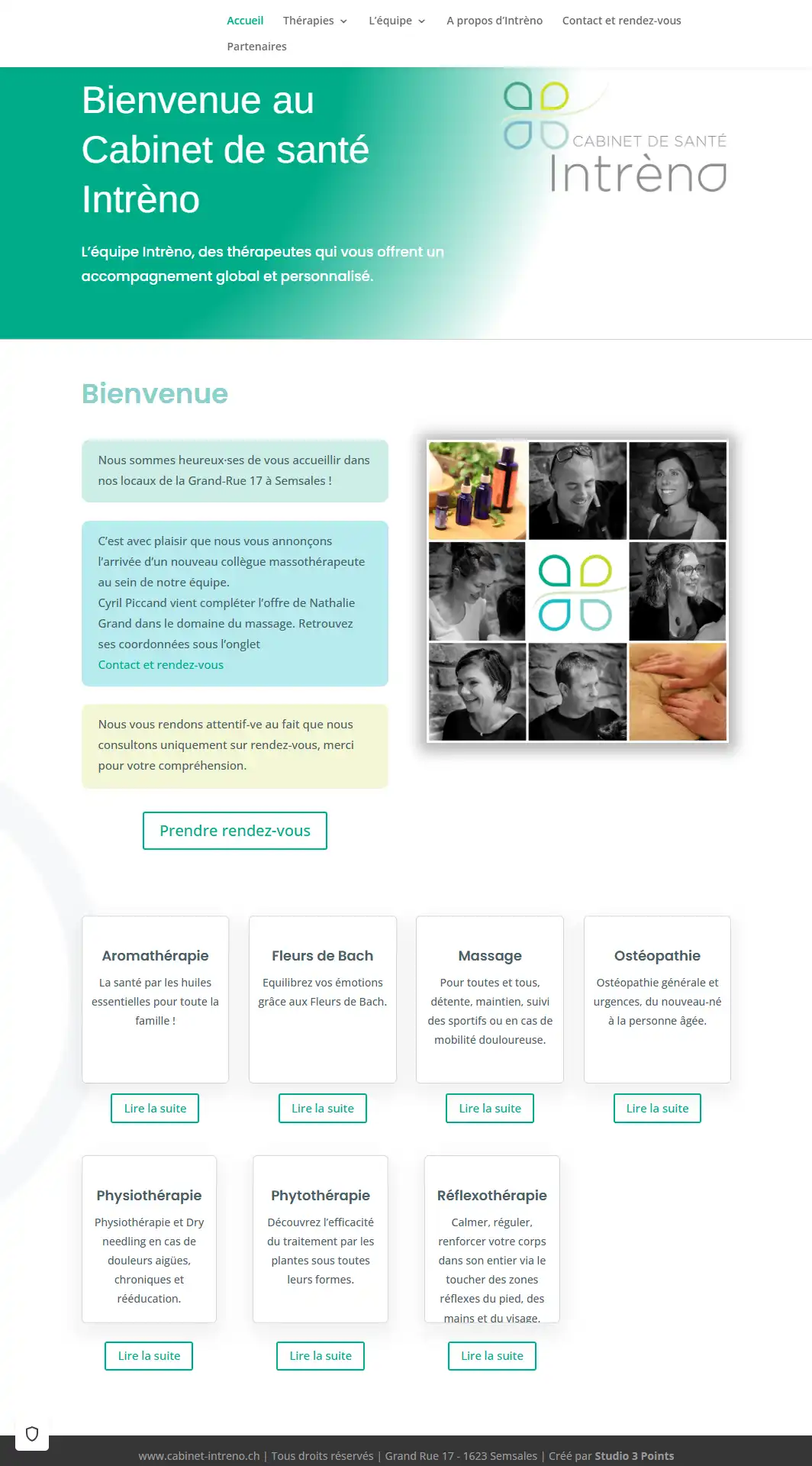 Site vitrine WordPress pour le Cabinet de Santé Intrèno – Réalisation complète par Studio 3 Points Aperçu de la page d’accueil du site du Cabinet de santé Intrèno présentant le logo, un message de bienvenue, une mosaïque d’images de soins et les différentes thérapies proposées.