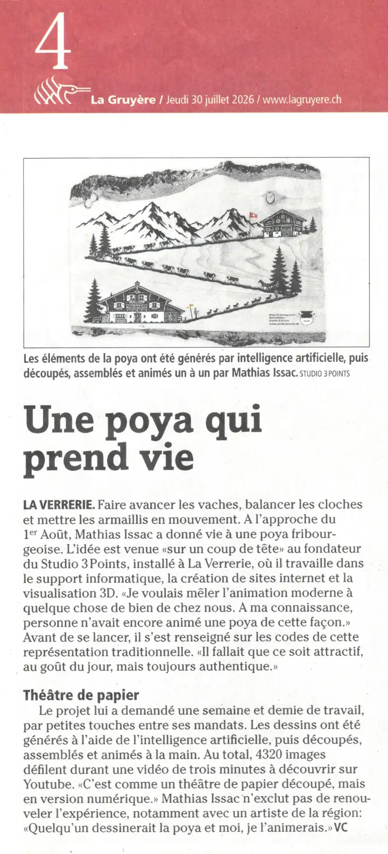 Studio 3 Points à l'honneur dans La Gruyère : une poya qui prend vie Page du journal La Gruyère présentant un article intitulé « Une poya qui prend vie », illustré par une image de la poya animée réalisée par Studio 3 Points. L'article explique le processus de création mêlant intelligence artificielle, animation et patrimoine fribourgeois.