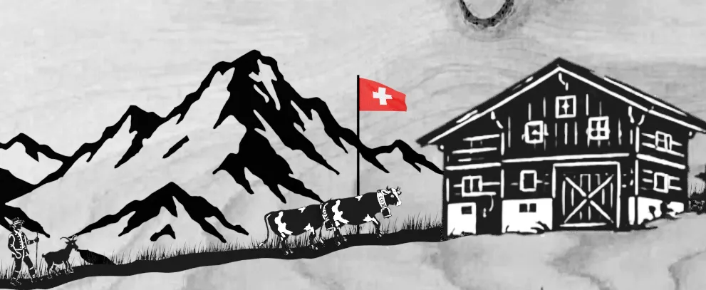 Illustration animée de la Poya fribourgeoise représentant un troupeau de vaches montant vers l'alpage à travers un paysage de montagnes suisses, chalets traditionnels, sapins et drapeau suisse, dans un style noir et blanc dessiné à la main.