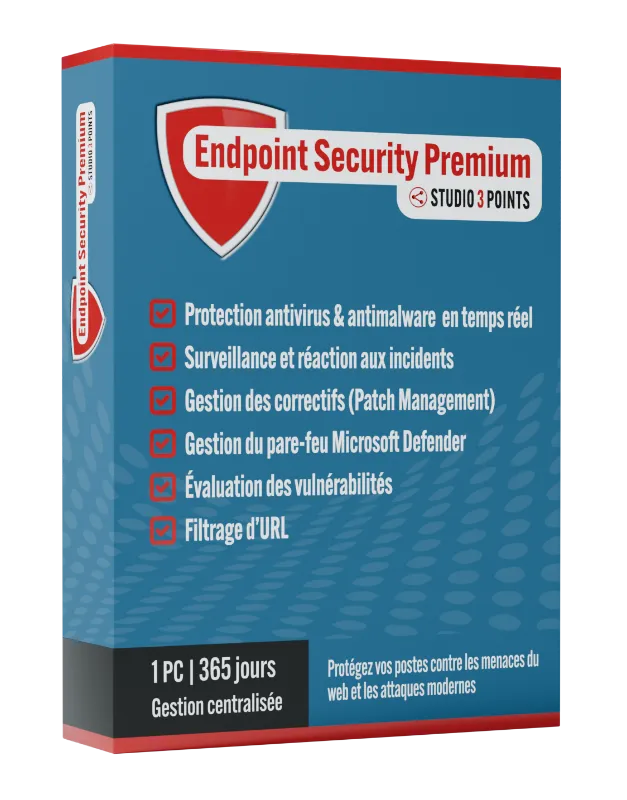 Endpoint Security Premium – Protection avancée des postes de travail Illustration de la boîte du logiciel Endpoint Security Premium mettant en avant des fonctionnalités de sécurité informatique telles que l’antivirus en temps réel, la gestion des correctifs, le pare-feu et le filtrage d’URL.