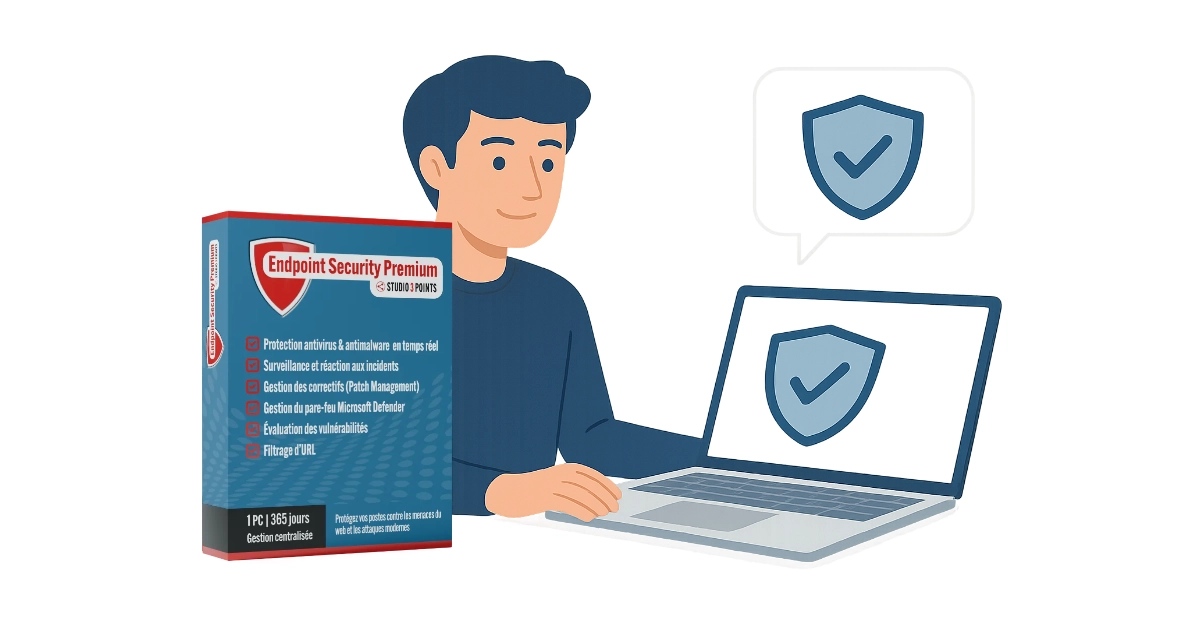 Utilisateur travaillant sur un ordinateur portable avec protection antivirus active et solution Endpoint Security Premium avec gestion centralisée