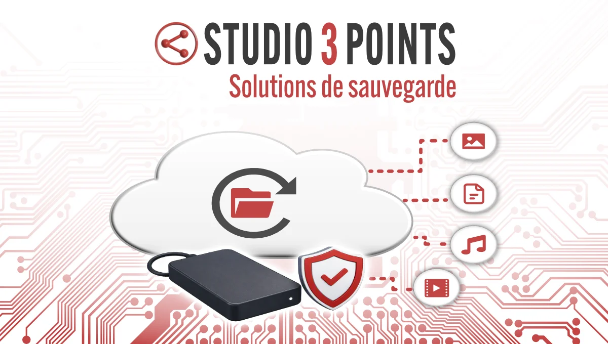 Illustration d'une solution de sauvegarde informatique sécurisée avec stockage cloud, disque dur externe, protection des données et synchronisation de fichiers pour entreprises et particuliers.